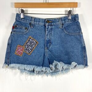 Vintage 90s Mudd Blue Denim Cut Off Jean Shorts Floral Patches Junior Womens 3